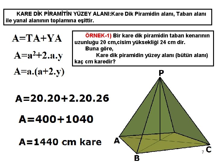 KARE DİK PİRAMİTİN YÜZEY ALANI: Kare Dik Piramidin alanı, Taban alanı ile yanal alanının