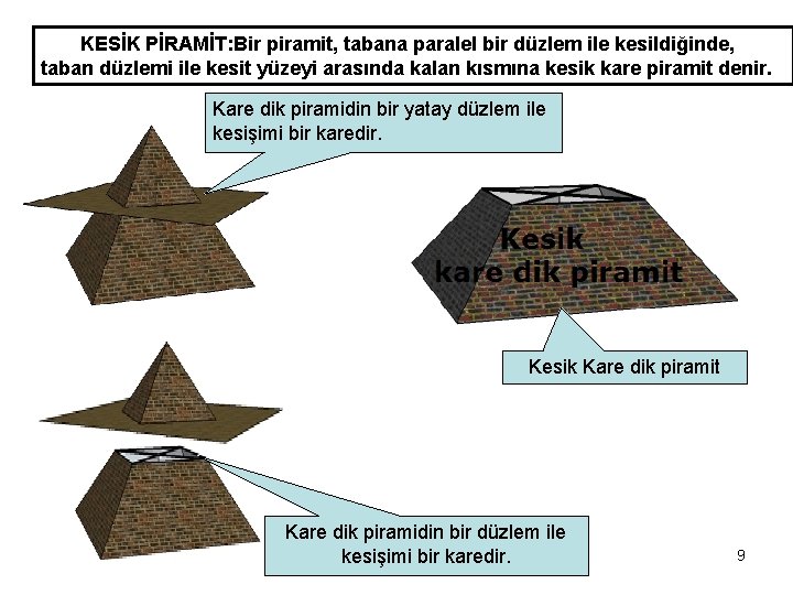 KESİK PİRAMİT: Bir piramit, tabana paralel bir düzlem ile kesildiğinde, taban düzlemi ile kesit