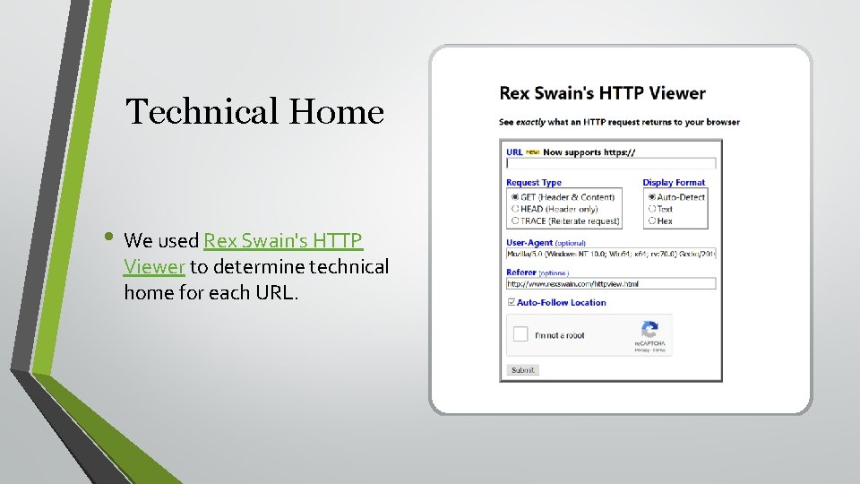 Technical Home • We used Rex Swain's HTTP Viewer to determine technical home for