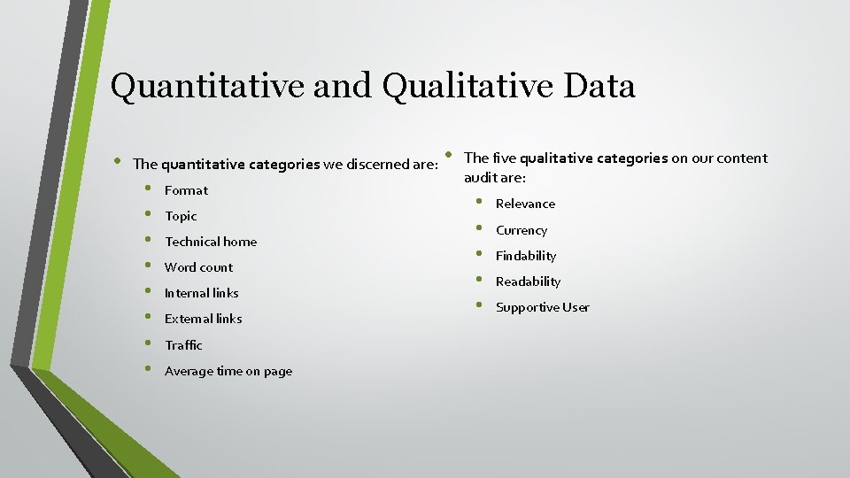 Quantitative and Qualitative Data • The quantitative categories we discerned are: • • Format