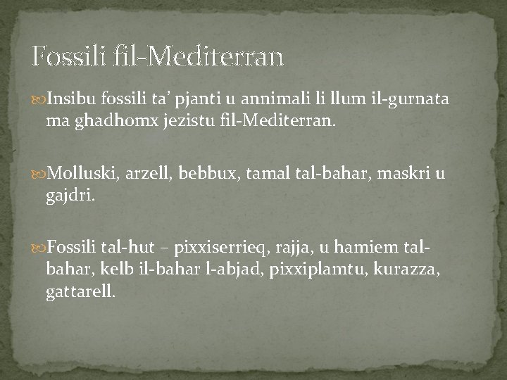 Fossili fil-Mediterran Insibu fossili ta’ pjanti u annimali li llum il-gurnata ma ghadhomx jezistu