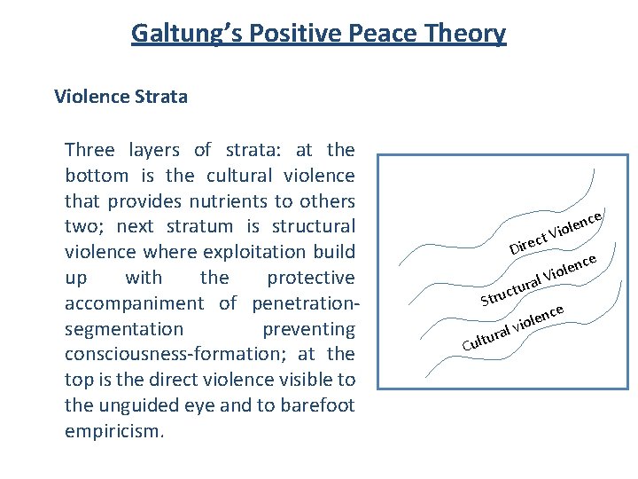 Galtung’s Positive Peace Theory Violence Strata Three layers of strata: at the bottom is