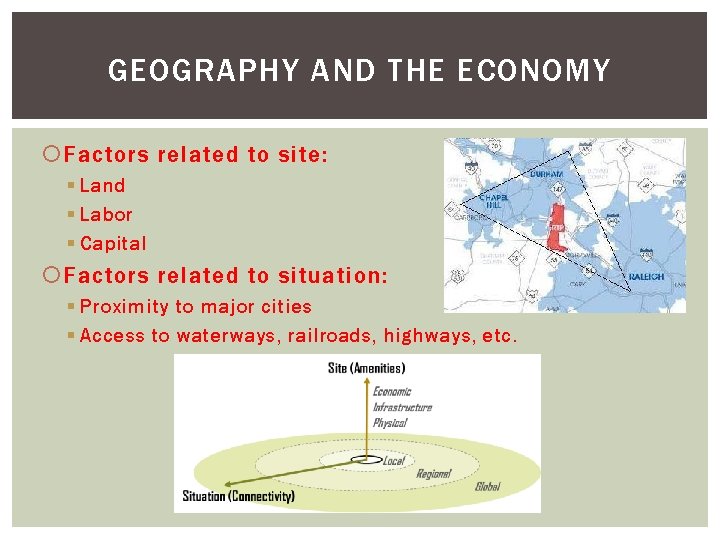 GEOGRAPHY AND THE ECONOMY Factors related to site: § Land § Labor § Capital