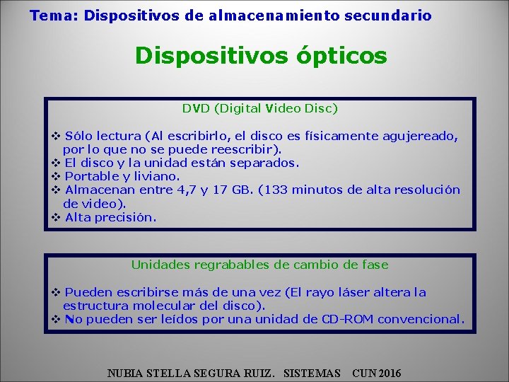 Tema: Dispositivos de almacenamiento secundario Dispositivos ópticos DVD (Digital Video Disc) v Sólo lectura