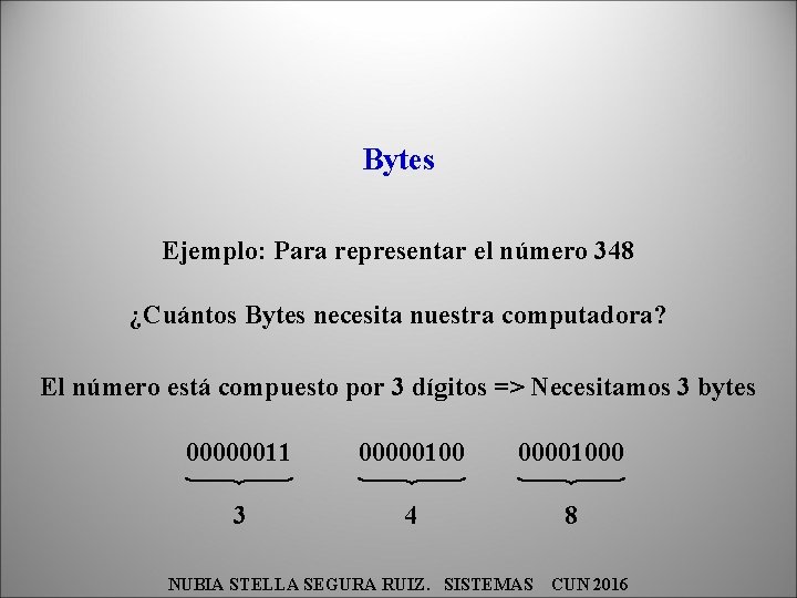 Bytes Ejemplo: Para representar el número 348 ¿Cuántos Bytes necesita nuestra computadora? El número