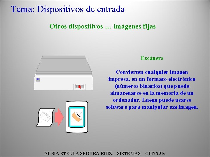 Tema: Dispositivos de entrada Otros dispositivos … imágenes fijas Escáners Convierten cualquier imagen impresa,