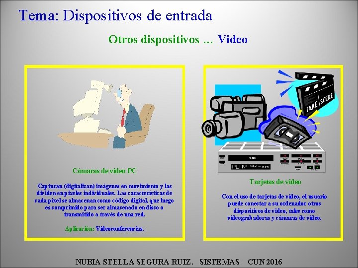 Tema: Dispositivos de entrada Otros dispositivos … Video Cámaras de video PC Capturan (digitalizan)