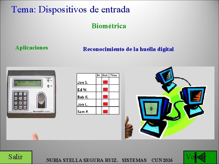 Tema: Dispositivos de entrada Biométrica Aplicaciones Salir Reconocimiento de la huella digital NUBIA STELLA