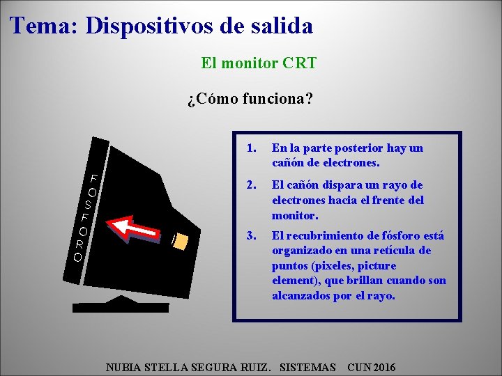 Tema: Dispositivos de salida El monitor CRT ¿Cómo funciona? F O S F O