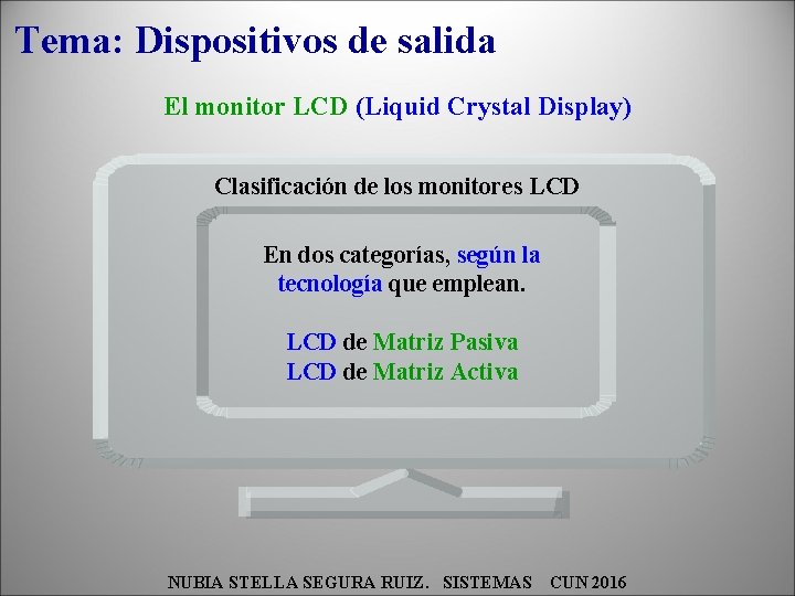 Tema: Dispositivos de salida El monitor LCD (Liquid Crystal Display) Clasificación de los monitores