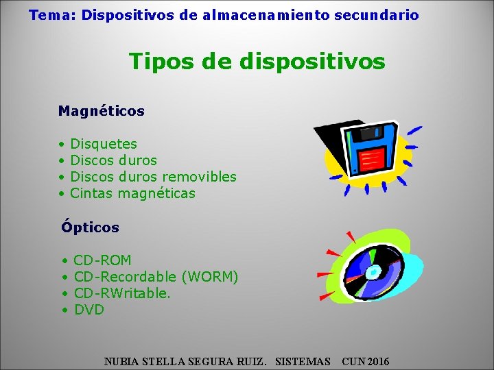 Tema: Dispositivos de almacenamiento secundario Tipos de dispositivos Magnéticos • • Disquetes Discos duros