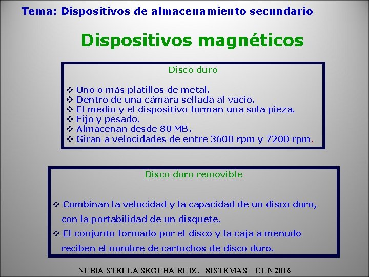 Tema: Dispositivos de almacenamiento secundario Dispositivos magnéticos Disco duro v v v Uno o