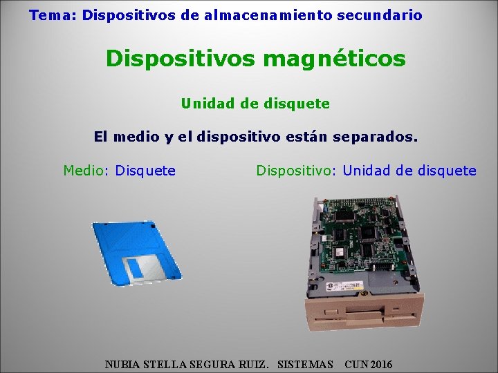 Tema: Dispositivos de almacenamiento secundario Dispositivos magnéticos Unidad de disquete El medio y el