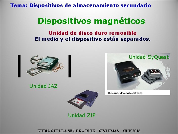 Tema: Dispositivos de almacenamiento secundario Dispositivos magnéticos Unidad de disco duro removible El medio