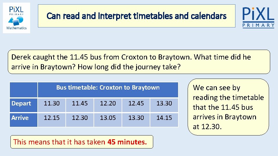Can read and interpret timetables and calendars Derek caught the 11. 45 bus from