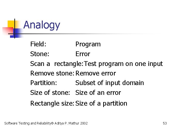 Analogy Field: Program Stone: Error Scan a rectangle: Test program on one input Remove