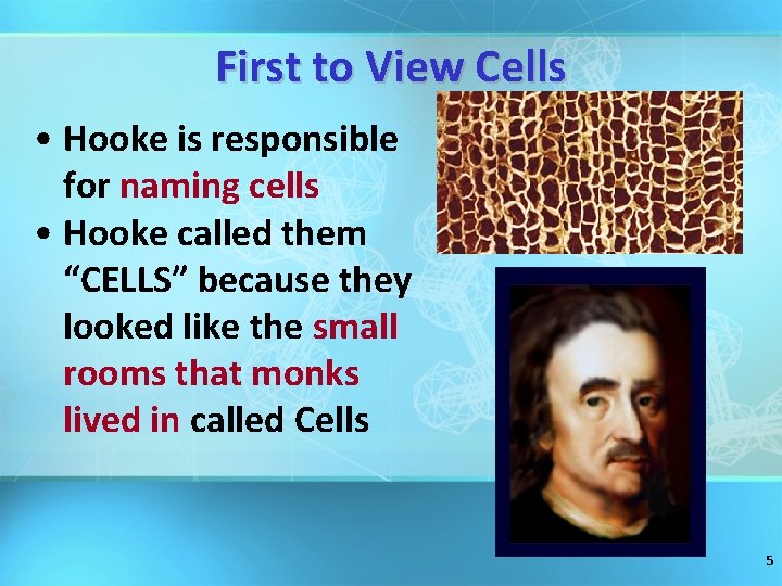 First to View Cells • Hooke is responsible for naming cells • Hooke called