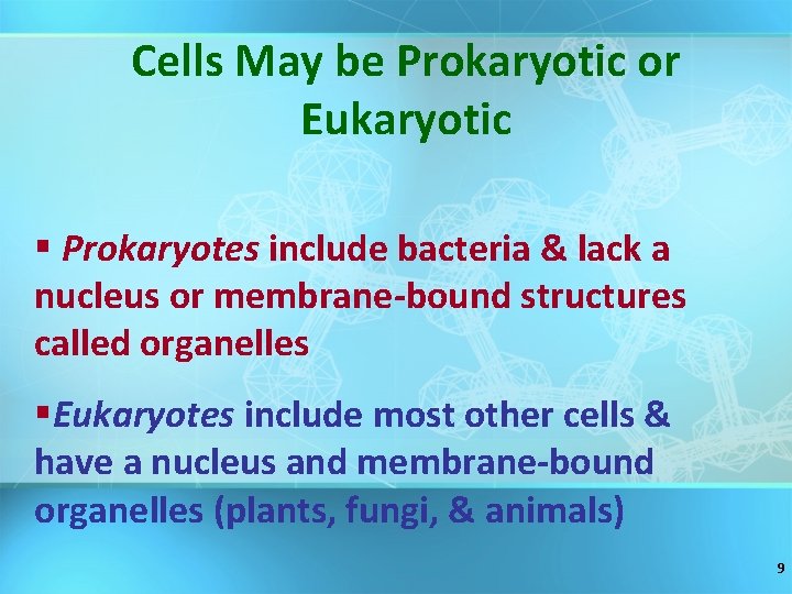 Cells May be Prokaryotic or Eukaryotic § Prokaryotes include bacteria & lack a nucleus