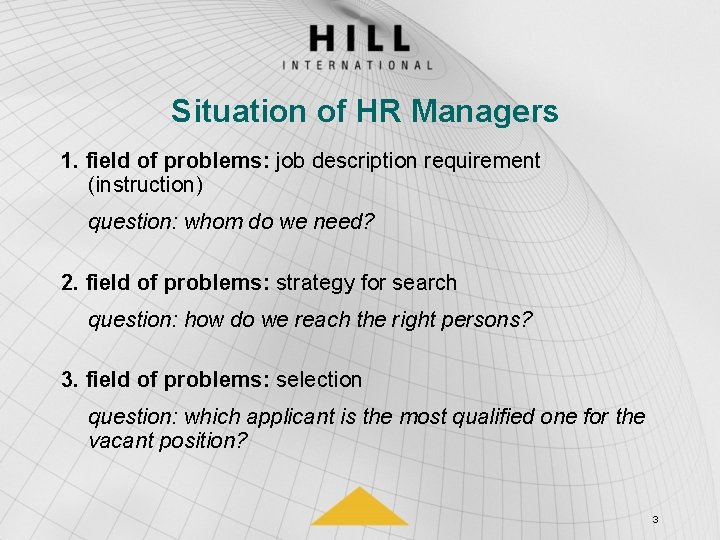 Situation of HR Managers 1. field of problems: job description requirement (instruction) question: whom