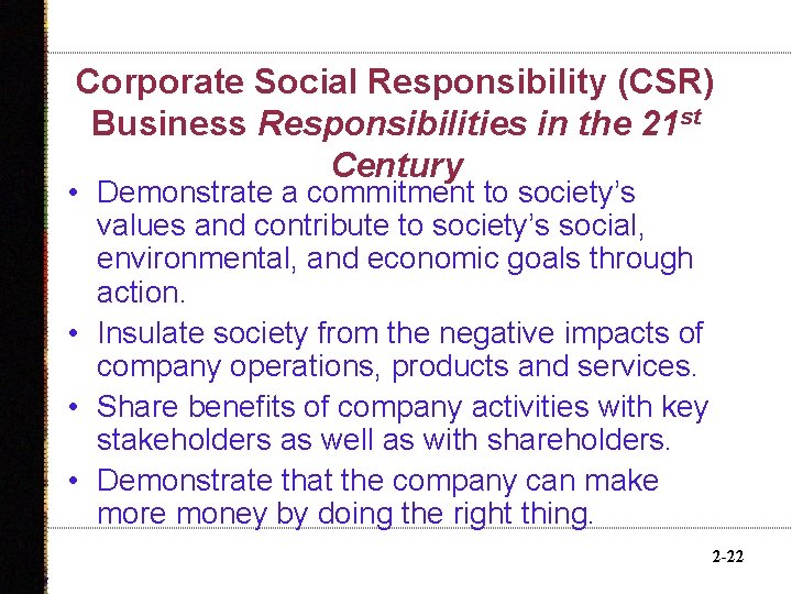 Corporate Social Responsibility (CSR) Business Responsibilities in the 21 st Century • Demonstrate a