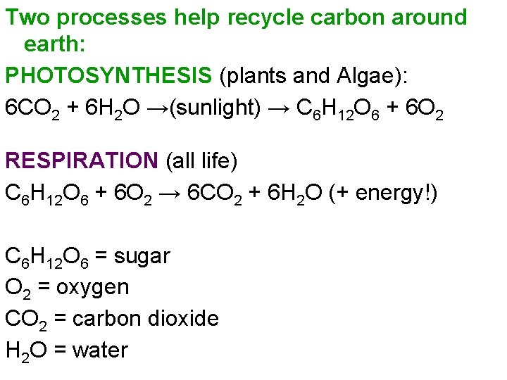 Two processes help recycle carbon around earth: PHOTOSYNTHESIS (plants and Algae): 6 CO 2 Two processes help recycle carbon around earth: PHOTOSYNTHESIS (plants and Algae): 6 CO 2