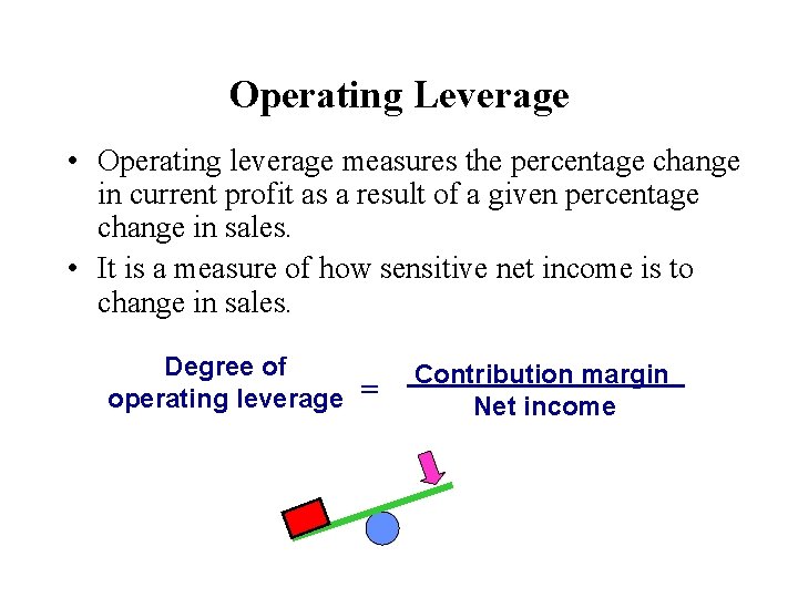 Operating Leverage • Operating leverage measures the percentage change in current profit as a