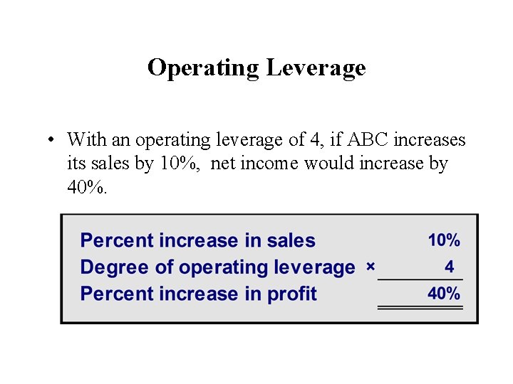 Operating Leverage • With an operating leverage of 4, if ABC increases its sales