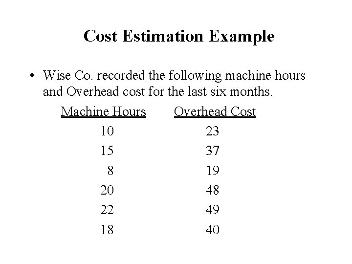 Cost Estimation Example • Wise Co. recorded the following machine hours and Overhead cost