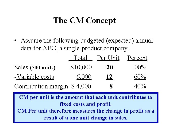 The CM Concept • Assume the following budgeted (expected) annual data for ABC, a