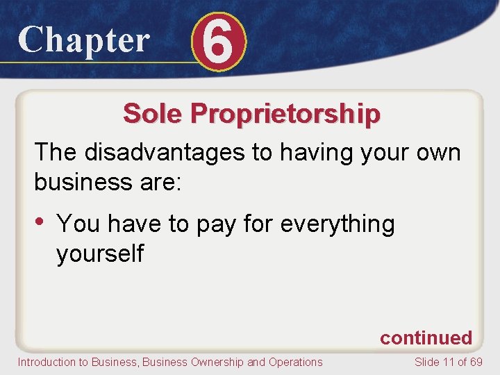 Chapter 6 Sole Proprietorship The disadvantages to having your own business are: • You