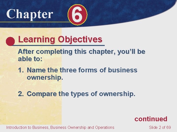 Chapter 6 Learning Objectives After completing this chapter, you’ll be able to: 1. Name