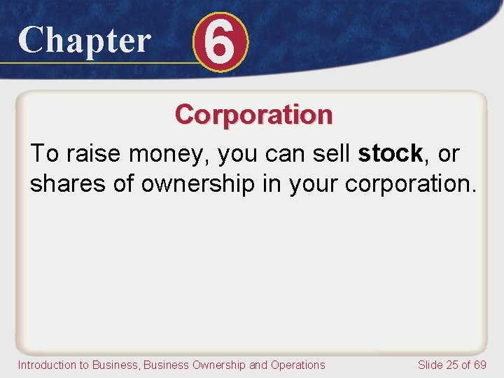 Chapter 6 Corporation To raise money, you can sell stock, or shares of ownership