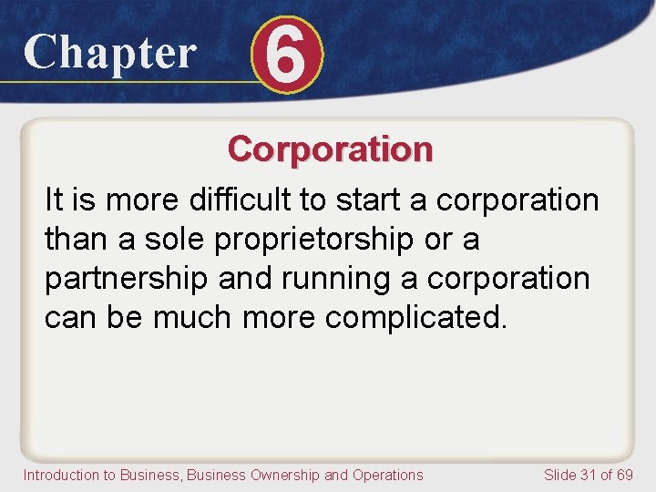 Chapter 6 Corporation It is more difficult to start a corporation than a sole