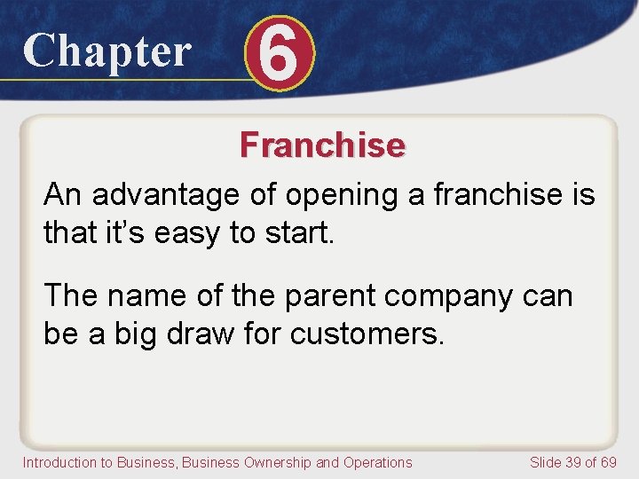 Chapter 6 Franchise An advantage of opening a franchise is that it’s easy to