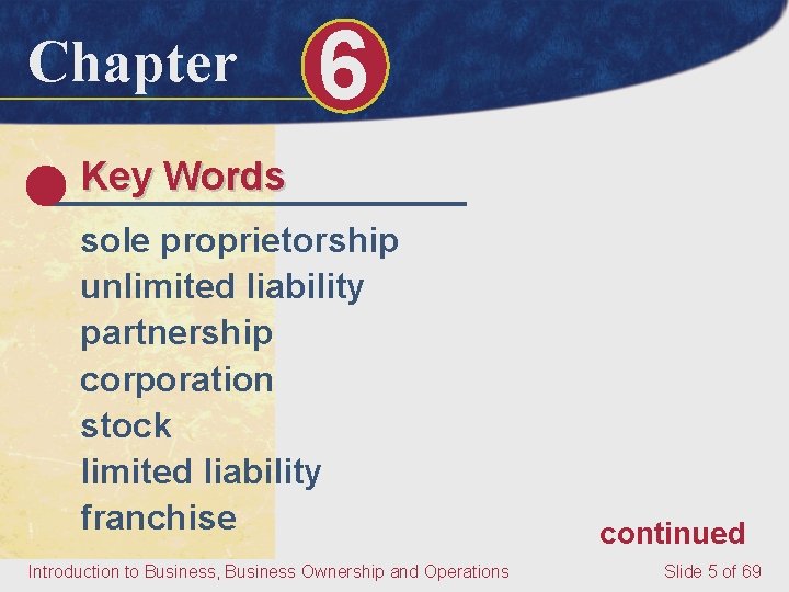 Chapter 6 Key Words sole proprietorship unlimited liability partnership corporation stock limited liability franchise