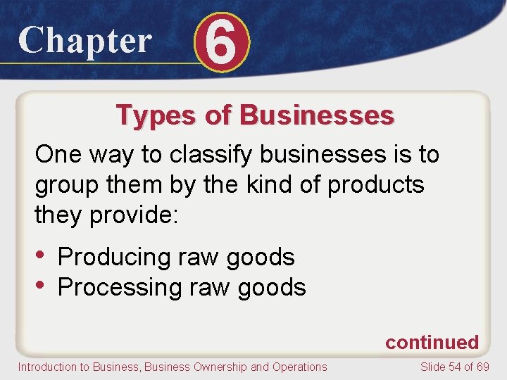 Chapter 6 Types of Businesses One way to classify businesses is to group them