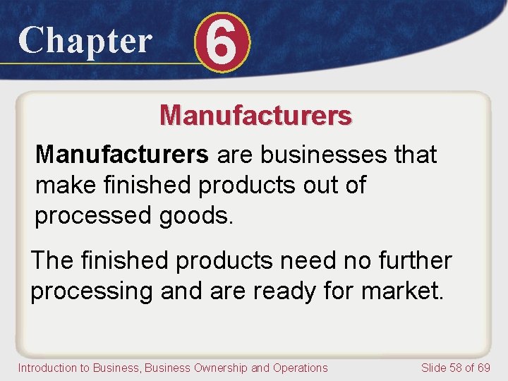 Chapter 6 Manufacturers are businesses that make finished products out of processed goods. The