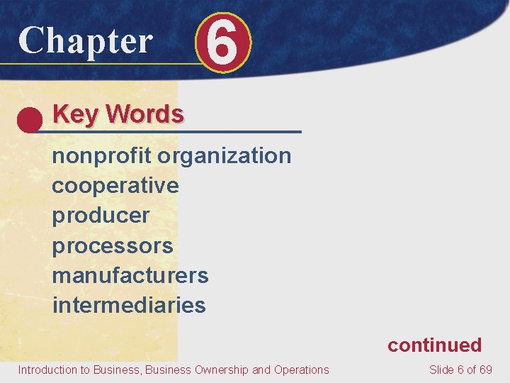 Chapter 6 Key Words nonprofit organization cooperative producer processors manufacturers intermediaries continued Introduction to