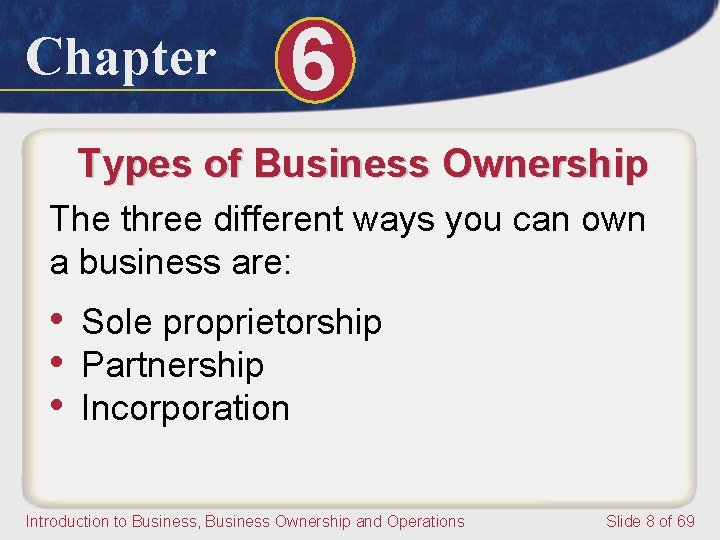 Chapter 6 Types of Business Ownership The three different ways you can own a