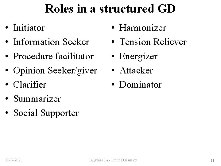 Roles in a structured GD • • Initiator Information Seeker Procedure facilitator Opinion Seeker/giver