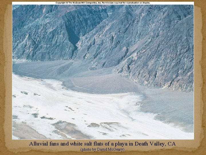 Alluvial fans and white salt flats of a playa in Death Valley, CA (photo