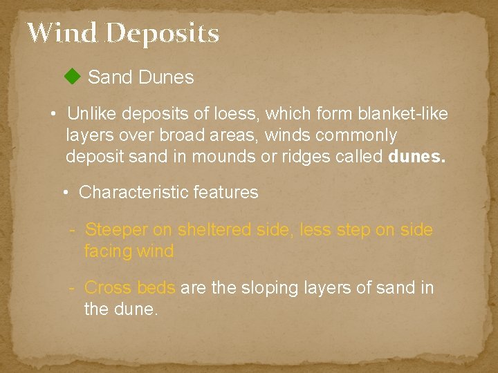 Wind Deposits Sand Dunes • Unlike deposits of loess, which form blanket-like layers over