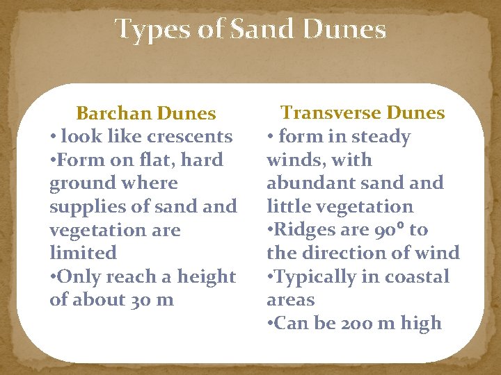 Types of Sand Dunes Barchan Dunes • look like crescents • Form on flat,