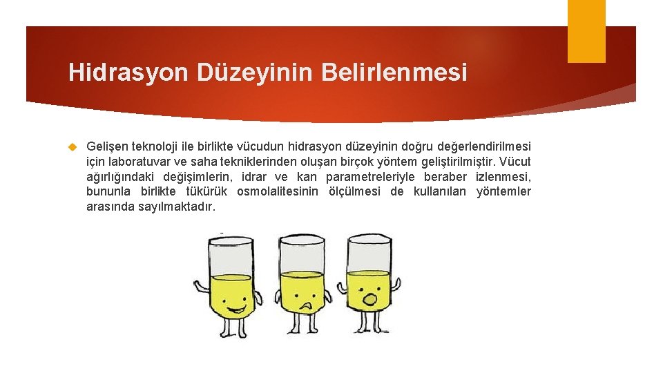 Hidrasyon Düzeyinin Belirlenmesi Gelişen teknoloji ile birlikte vücudun hidrasyon düzeyinin doğru değerlendirilmesi için laboratuvar