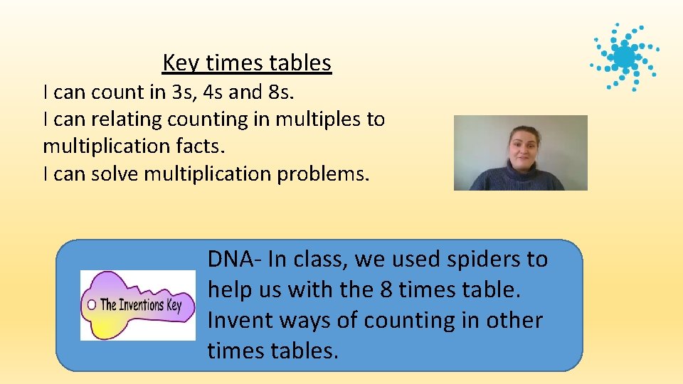 Key times tables I can count in 3 s, 4 s and 8 s.