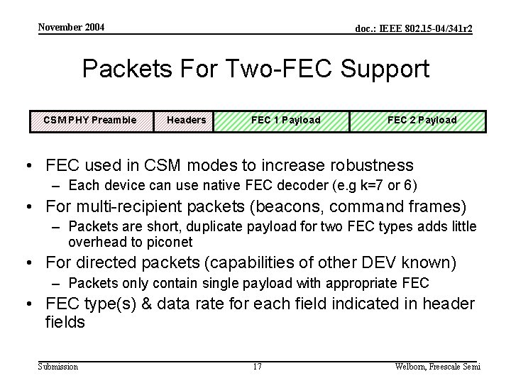 November 2004 doc. : IEEE 802. 15 -04/341 r 2 Packets For Two-FEC Support