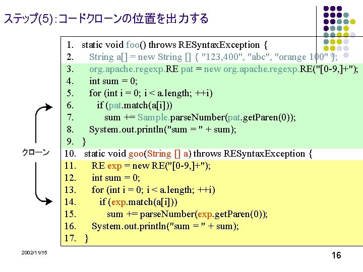 ステップ(5)：コードクローンの位置を出力する 1. 2. 3. 4. 5. 6. 7. 8. 9. 10. 11. 12. 13.