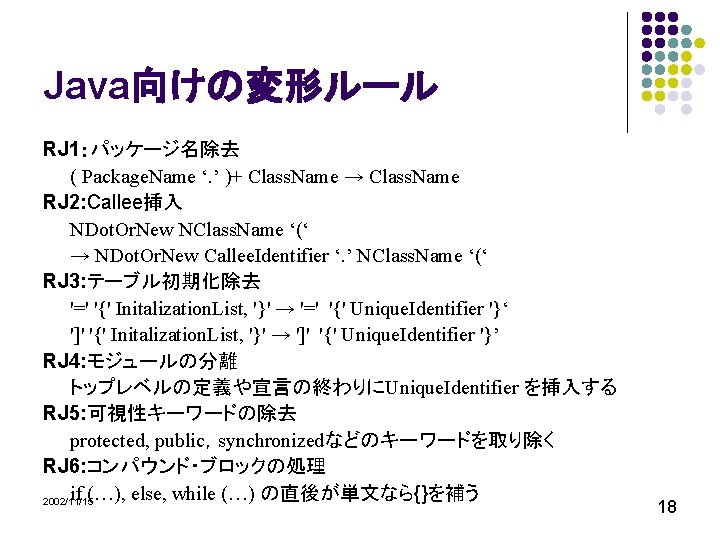 Java向けの変形ルール RJ 1：パッケージ名除去 ( Package. Name ‘. ’ )+ Class. Name → Class. Name