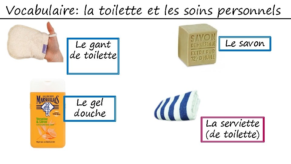 Vocabulaire: la toilette et les soins personnels Le gant de toilette Le gel douche