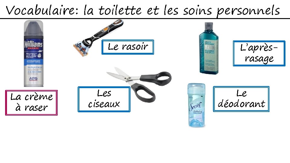 Vocabulaire: la toilette et les soins personnels Le rasoir La crème à raser Les